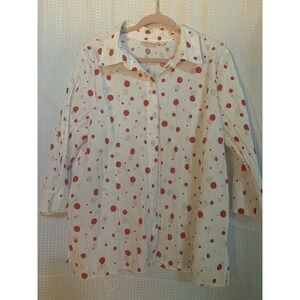 Denim And Company Women's 1X Long Sleeved White With‎ Red Dots Blouse